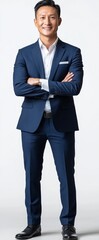 Full length Portrait of a smiling Asian businessman tablet isolate background, Generative AI