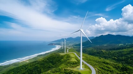 Rows of wind turbines lined up along a picturesque coastal shoreline harnessing the power of the wind to generate clean renewable electricity for the grid