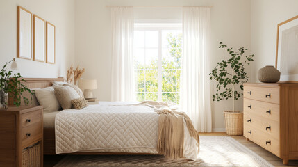 A serene bedroom featuring cozy bed with quilt, wooden furniture, and natural light streaming through large windows. decor includes plants and neutral tones, creating calming atmosphere