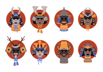 Samurai warrior mask on red circle vector icon set, Japanese decorated mask with horns, oriental armor head helmet