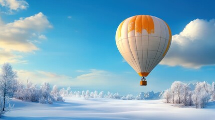 Obraz premium Hot air balloon drifting over a snowy landscape, bright winter sky