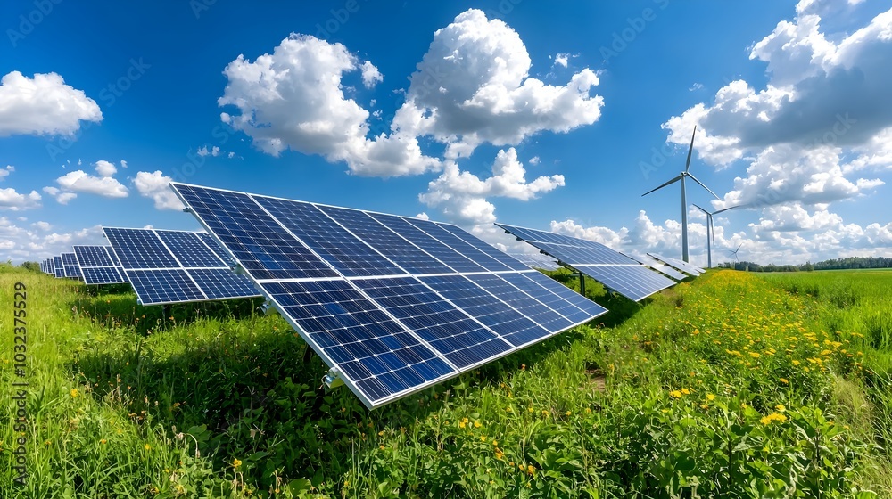 Poster Aerial view of a renewable energy power plant with rows of solar panels and wind turbines working together to produce clean sustainable electricity in a rural countryside landscape