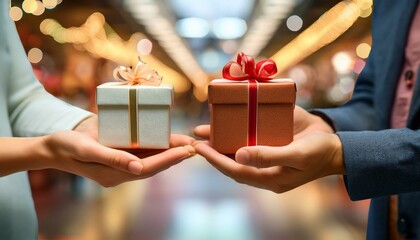 Close-up of two female and male hands giving presents. shopping moll with festive atmosphere in the background. Snowing, evening outside. Bokeh. New year and Christmas concept.