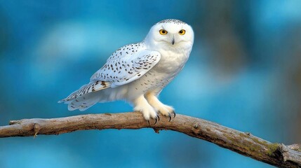 Obraz premium Snow owl perched on a branch, wings slightly open