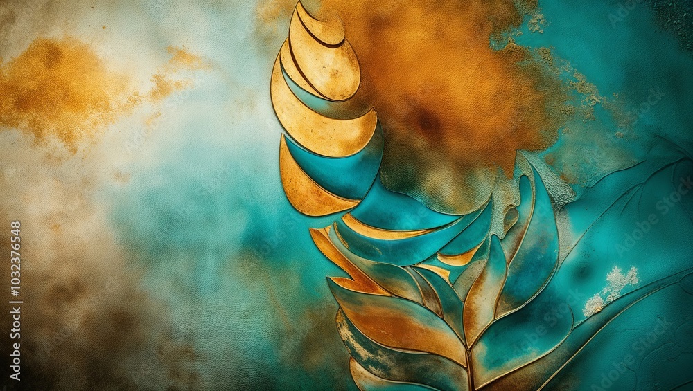 Poster Abstract art featuring a gold and teal leaf-like design with a hazy background.