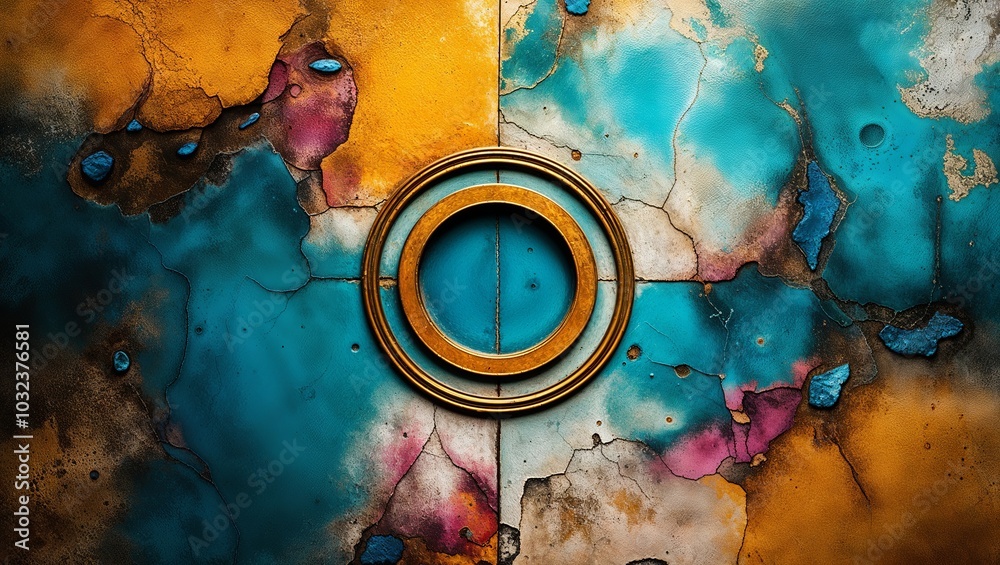 Canvas Prints A circular gold frame sits on a cracked and weathered wall with blue, yellow, and pink paint.