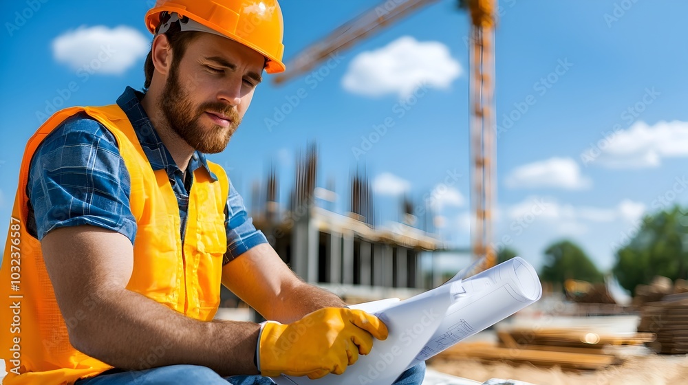 Leinwandbilder construction engineer in safety gear holding blueprints at a construction site with an industrial cr