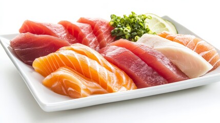 Assorted Sashimi under bright studio lighting, showcasing various types of fish, with soft shadows creating depth on a white ceramic plate