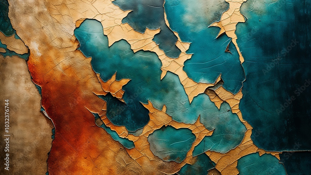 Wall mural Abstract art with teal and gold paint.