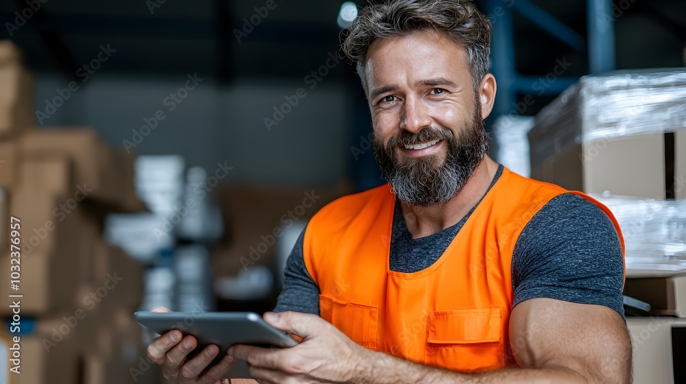 Poster professional construction engineer reviewing digital plans and blueprints on a tablet device while s