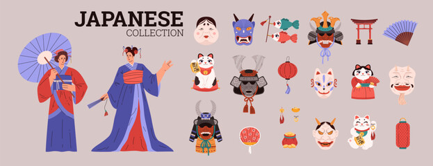 Set vectors dedicated to a diverse Japanese culture: girls in kimonos, demon and samurai masks,