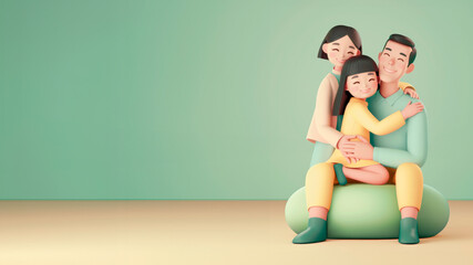 Asian Family Bonding with Father, Mother, and Daughter, 3D cartoon-style illustration