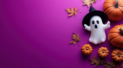 A spooky 3D pumpkin ghost in the corner holding a black hat, surrounded by three tiny pumpkins and scattered dry leaves, set against a vibrant purple background with ample space for copy.