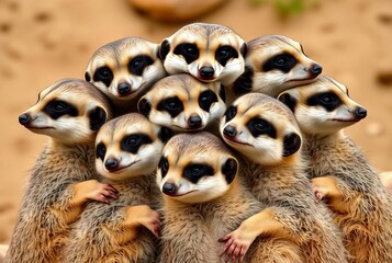 A group of meerkats huddled together for warmth forming a furry
