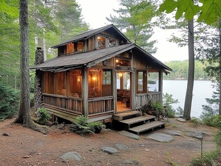 A rustic wooden cabin with a porch overlooking a lake in the woods.