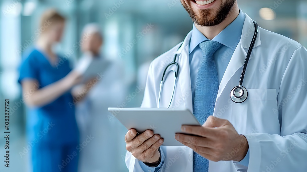 Fototapete healthcare team in a hospital consulting with each other using digital tablets to access and analyze