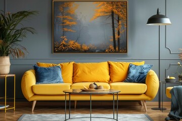 Vibrant yellow sofa and chair near teal wall with poster frame. Scandinavian interior design of modern living room.
