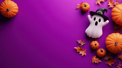 A spooky 3D pumpkin ghost in the corner holding a black hat, surrounded by three tiny pumpkins and scattered dry leaves, set against a vibrant purple background with ample space for copy.