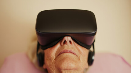 Immersed in virtual world, an elderly woman experiences wonders of technology through VR headset, showcasing intersection of age and innovation