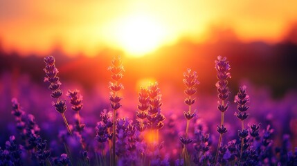 Fototapeta premium Lavender Flowers Silhouetted Against a Sunset Sky