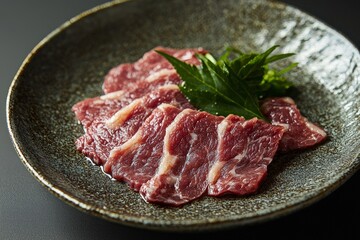 Basashi arranged on a minimalist plate, with studio lighting casting soft shadows to enhance the delicate presentation of the raw horse meat