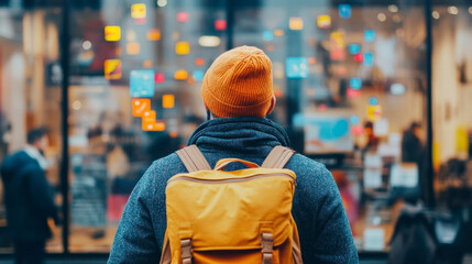 Obraz premium Exploring vibrant city scene, person with yellow backpack and orange beanie gazes at colorful storefront displays, capturing essence of urban life and adventure