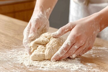 Kneading dough with flour covered hands, this captures essence of baking at home, showcasing joy of preparing homemade bread in cozy kitchen