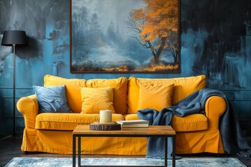 Vibrant yellow sofa and chair near teal wall with poster frame. Scandinavian interior design of modern living room.