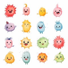Fototapeta premium The watercolor illustration depicts various colorful hearts and round faces expressing a wide range of emotions
