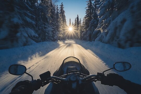 Snowmobile driver's POV, snowmobile riding through a snowy forest trail at sunset, winter adventure