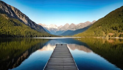Serene lake view with mountains in the background and a wooden dock.