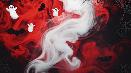 A spooky Halloween decoration background with swirling red and white smoke, accented by floating ghostly shapes and black cobwebs in the corners, giving a mysterious and eerie vibe 