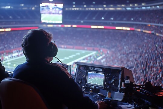 Headset football broadcaster, sport commentator. American football game in packed stadium field stadium nfl game broadcast