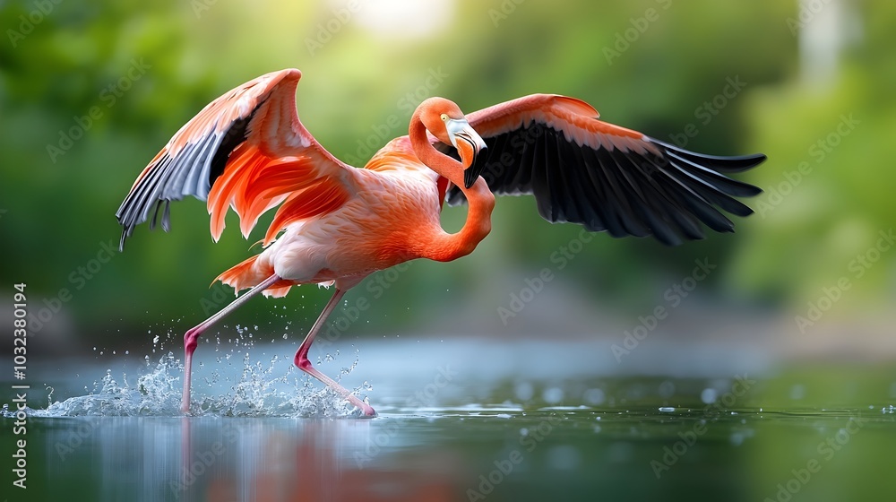 Poster Majestic flamingo bursting from the still waters of a secluded lake its expansive wings outstretched in a captivating display of motion