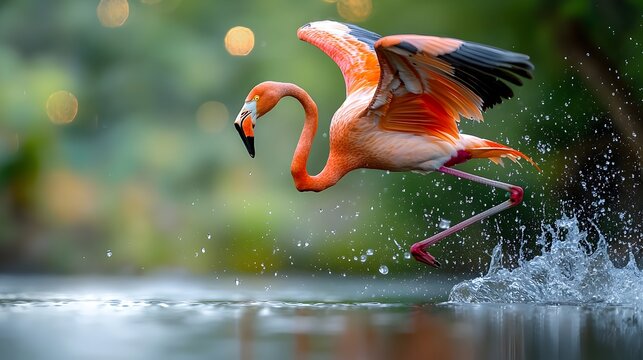 Graceful flamingo dramatically launching itself into the air from the tranquil surface of a still lake its long neck and wings stretched in a graceful arc