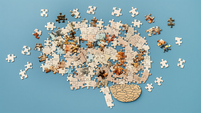 puzzle pieces arranged in the shape of human brain against a plain blue background, concept of brain storming critical thinking mental health 