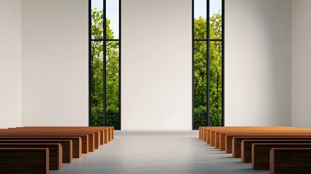 Contemporary Catholic parish church with a cross shaped structure sleek and angular silhouette and floor to ceiling glass walls that filter in abundant natural light
