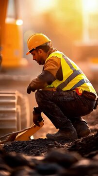 Construction worker in safety vest and hard hat skillfully moves dirt at construction site during sunset, creating dynamic atmosphere with outdoor machinery and tools.