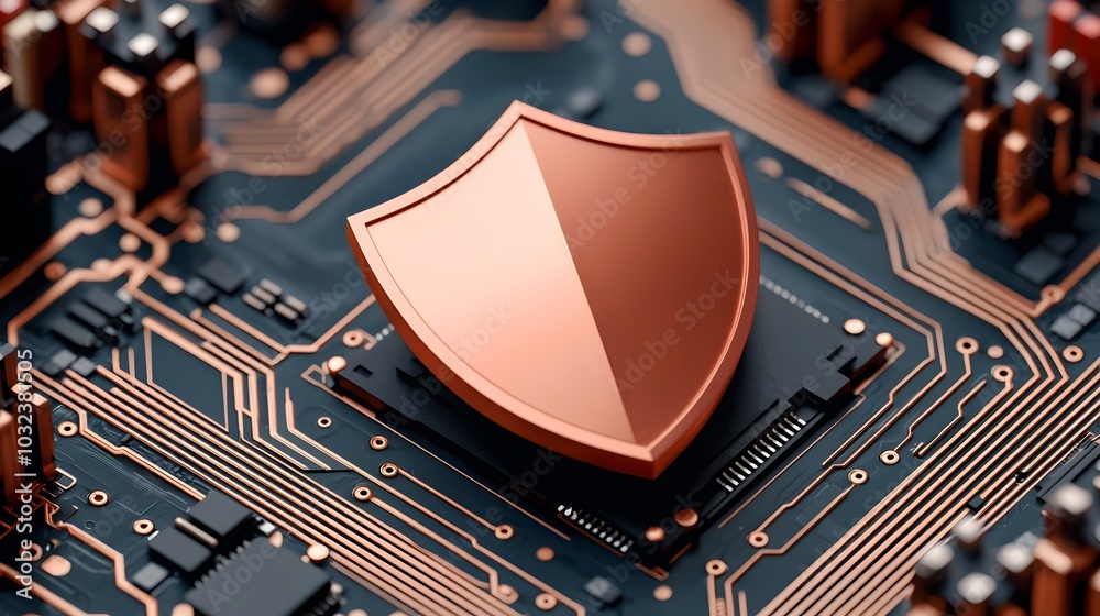Poster Vibrant Digital Infrastructure with Cybersecurity Shield and Futuristic Holographic Elements  Intricate wiring circuit boards and a glowing shield icon represent a secure