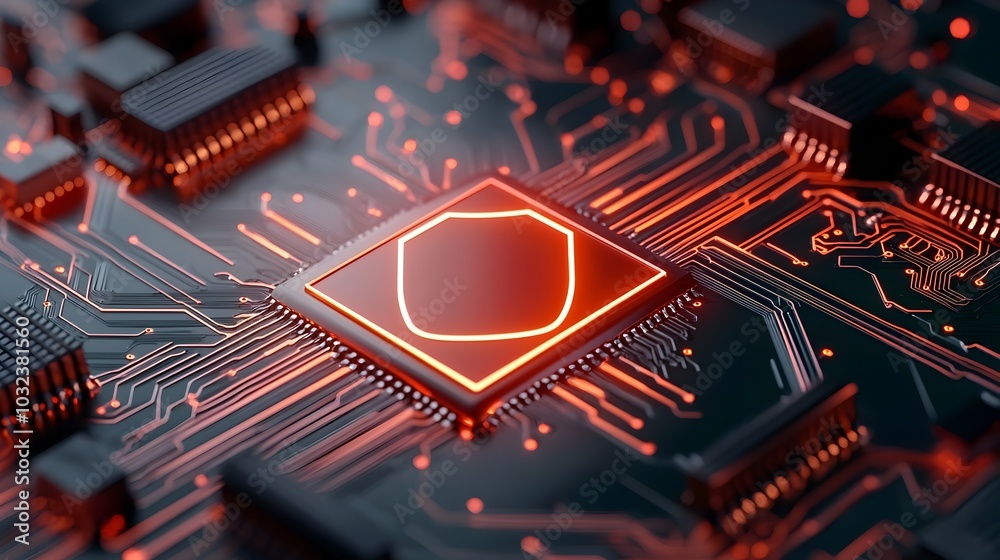Aufkleber Futuristic digital infrastructure and data flow with a glowing shield icon for a secure cyber security system  Intricate wiring circuit boards