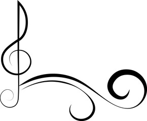 Music design. Treble clef and curls. For concert, music, stickers, t-shirts.