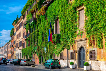 View of old cozy street in Rome, Italy. Architecture and landmark of Rome. Cityscape of Rome