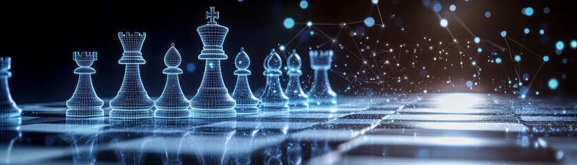 Futuristic Holographic Chess Game with Glowing Pieces Symbolizing Innovation, Teamwork, and Strategic Leadership in Cyberspace