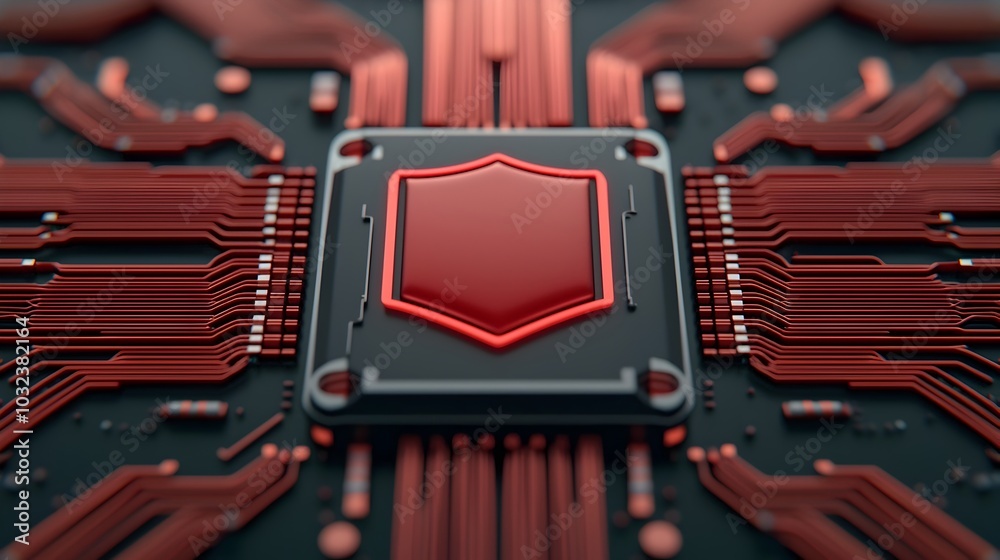 Poster Futuristic digital network and data servers with complex algorithms coding and a shield icon symbolizing data protection  The scene features luminous digital landscapes metallic textures