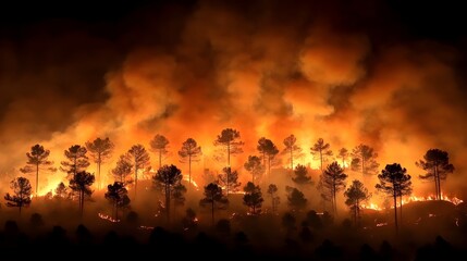 Fototapeta premium Raging wildfire engulfs the forests of Antalya Turkey at night with towering plumes of smoke obscuring the sky Trees rendered as dark silhouettes under the dramatic chiaroscuro lighting