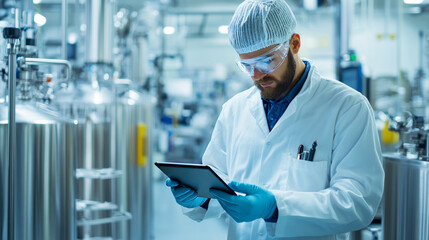A scientist in laboratory setting is focused on tablet, wearing lab coat, gloves, and protective eyewear. environment is filled with industrial equipment, highlighting professional atmosphere