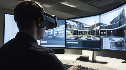 A designer using virtual reality headsets to create and visualize architectural designs, immersed in an innovative digital workspace