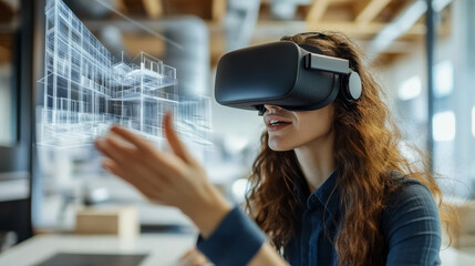 A designer using virtual reality headsets to create and visualize architectural designs, immersed in an innovative digital workspace