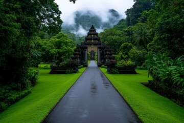 Balinese temple gates (Candi Bentar) surrounded by lush greenery, with morning mist rising from the ground