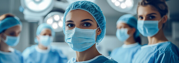 A group of doctors wearing blue scrubs and blue surgical caps